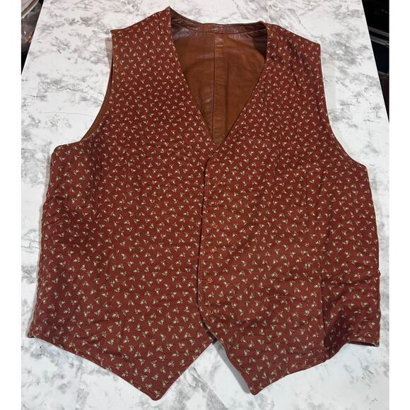 Vintage Handmade Faux Leather Western Vest O/S Floral Cotton Lining Brown Ranch - Picture 6 of 9